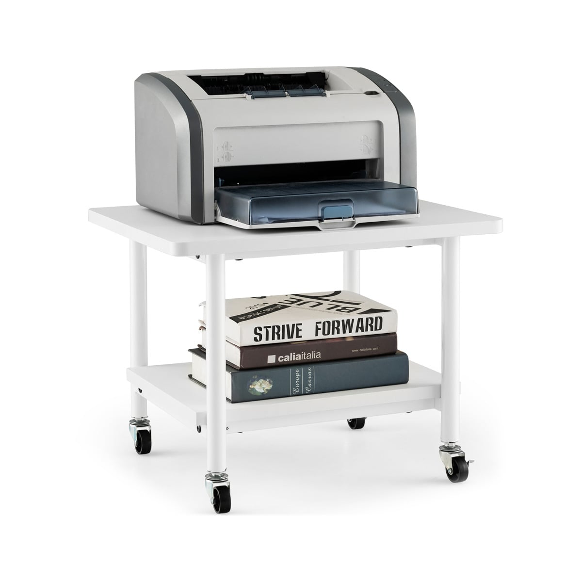 2 Tier Wooden Printer Stand with 360° Swivel Casters-Off White
