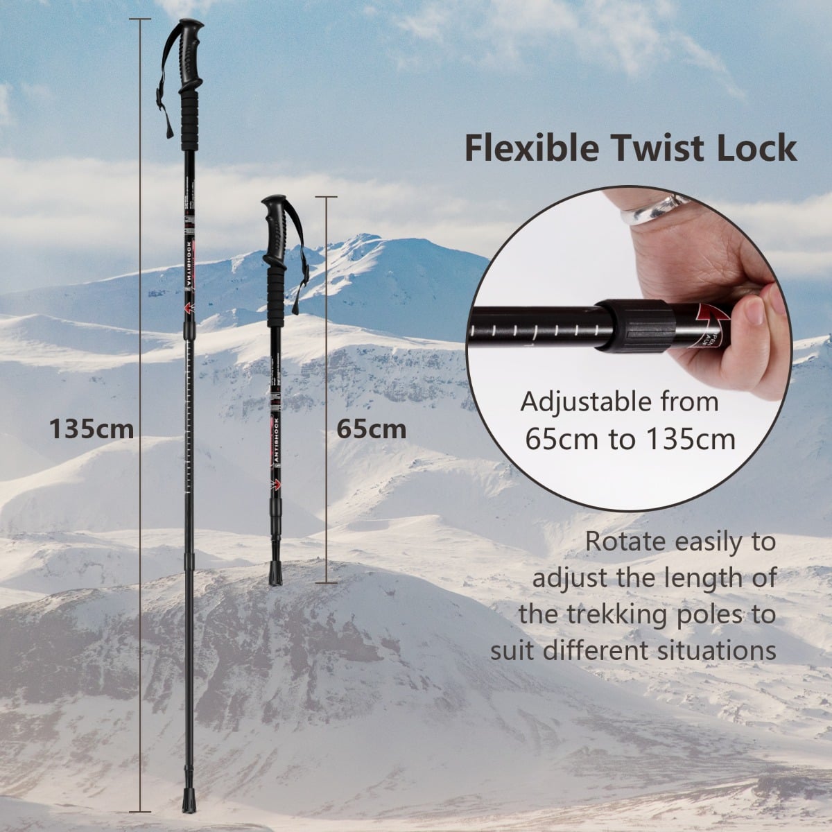 Hiking Pole Aluminum Trekking Pole Walking Pole Adjustable 65-135 cm-Black