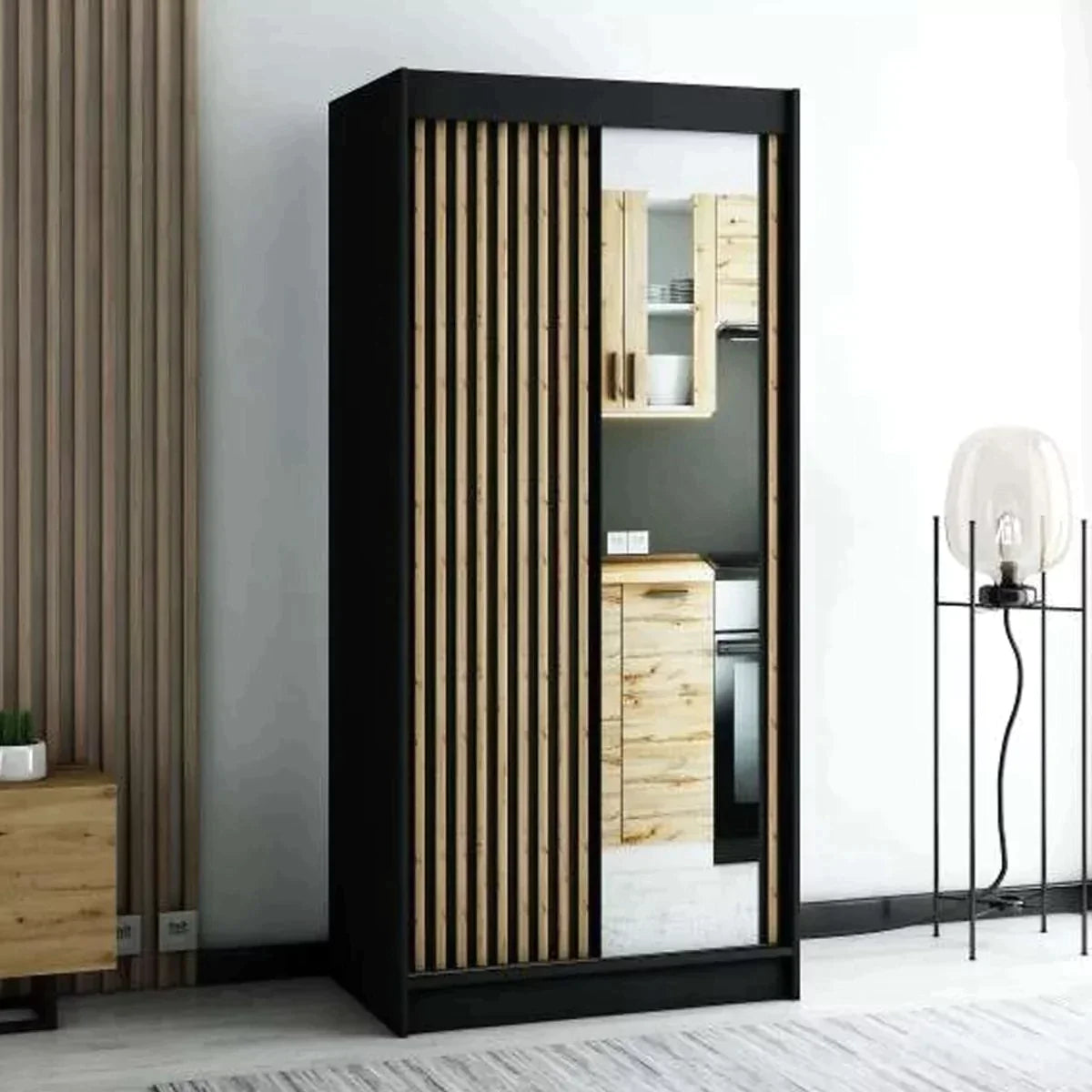 Gloucester II 100cm Sliding Door Wardrobe with Mirror - Black, White, Artisan Oak