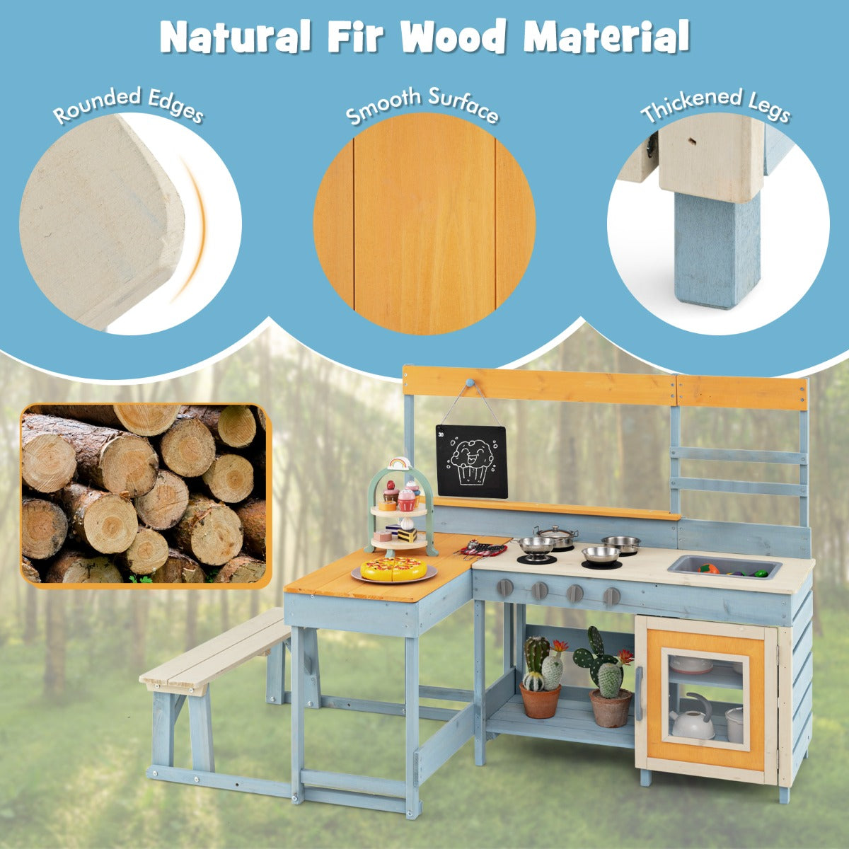 Fir Wood Mud Kitchen with Kids Picnic Table Play Kitchen-Grey