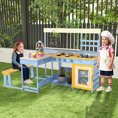 Fir Wood Mud Kitchen with Kids Picnic Table Play Kitchen-Blue