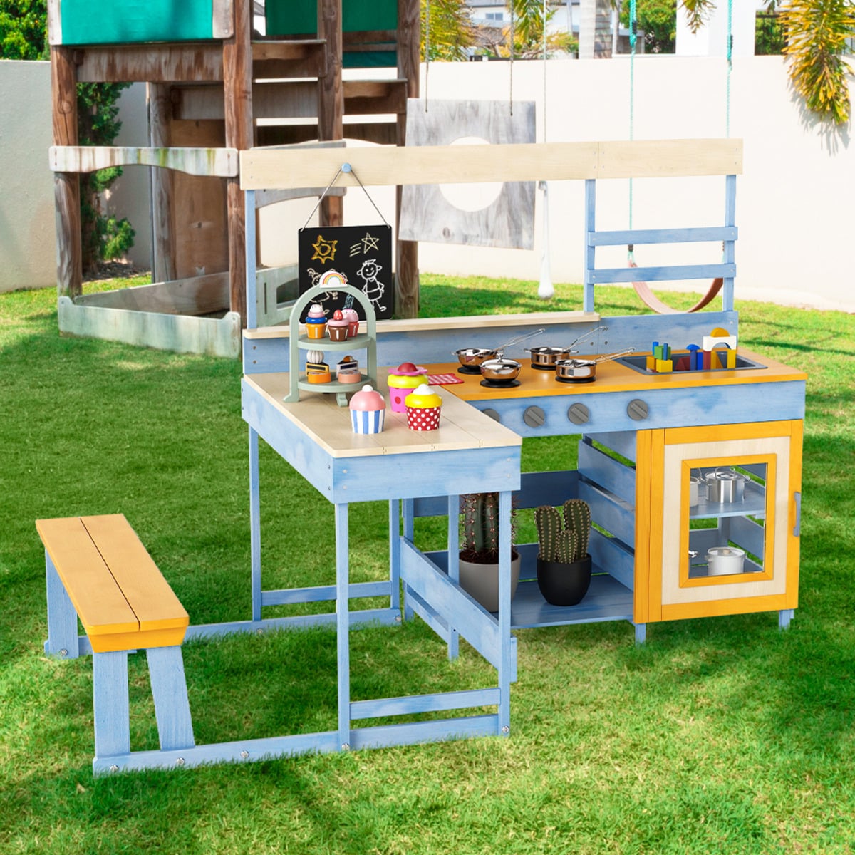 Fir Wood Mud Kitchen with Kids Picnic Table Play Kitchen-Blue