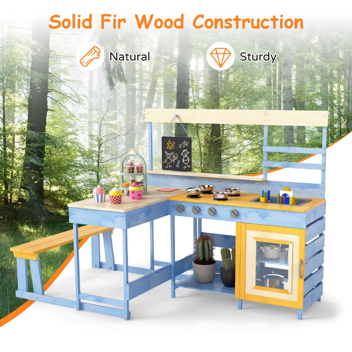 Fir Wood Mud Kitchen with Kids Picnic Table Play Kitchen-Blue