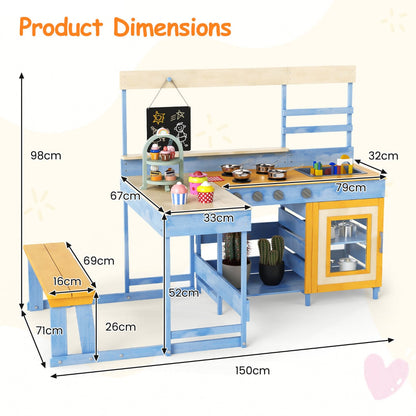 Fir Wood Mud Kitchen with Kids Picnic Table Play Kitchen-Blue
