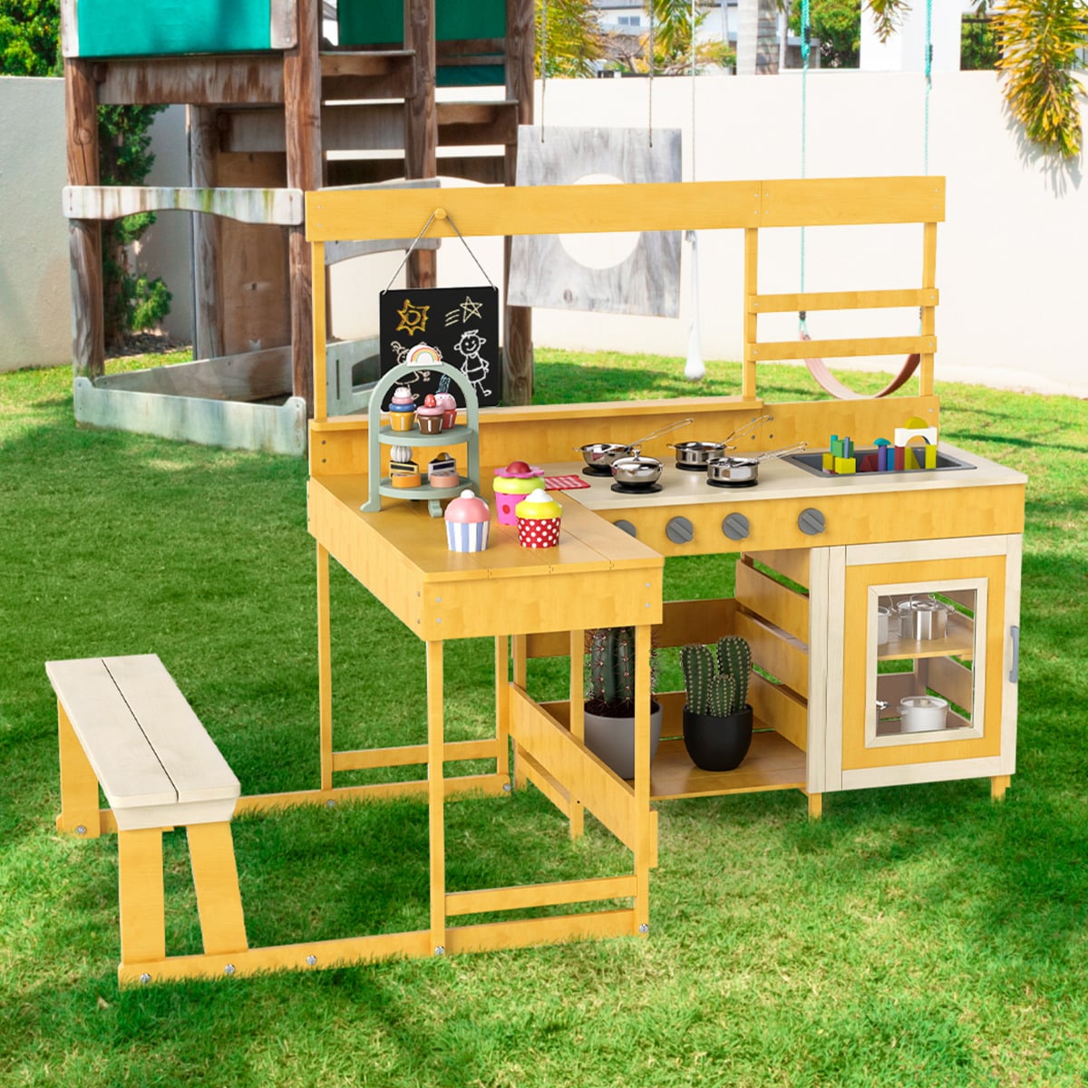 Fir Wood Mud Kitchen with Kids Picnic Table Play Kitchen-Natural