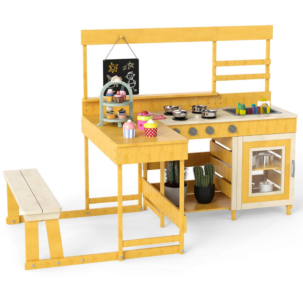 Fir Wood Mud Kitchen with Kids Picnic Table Play Kitchen-Natural