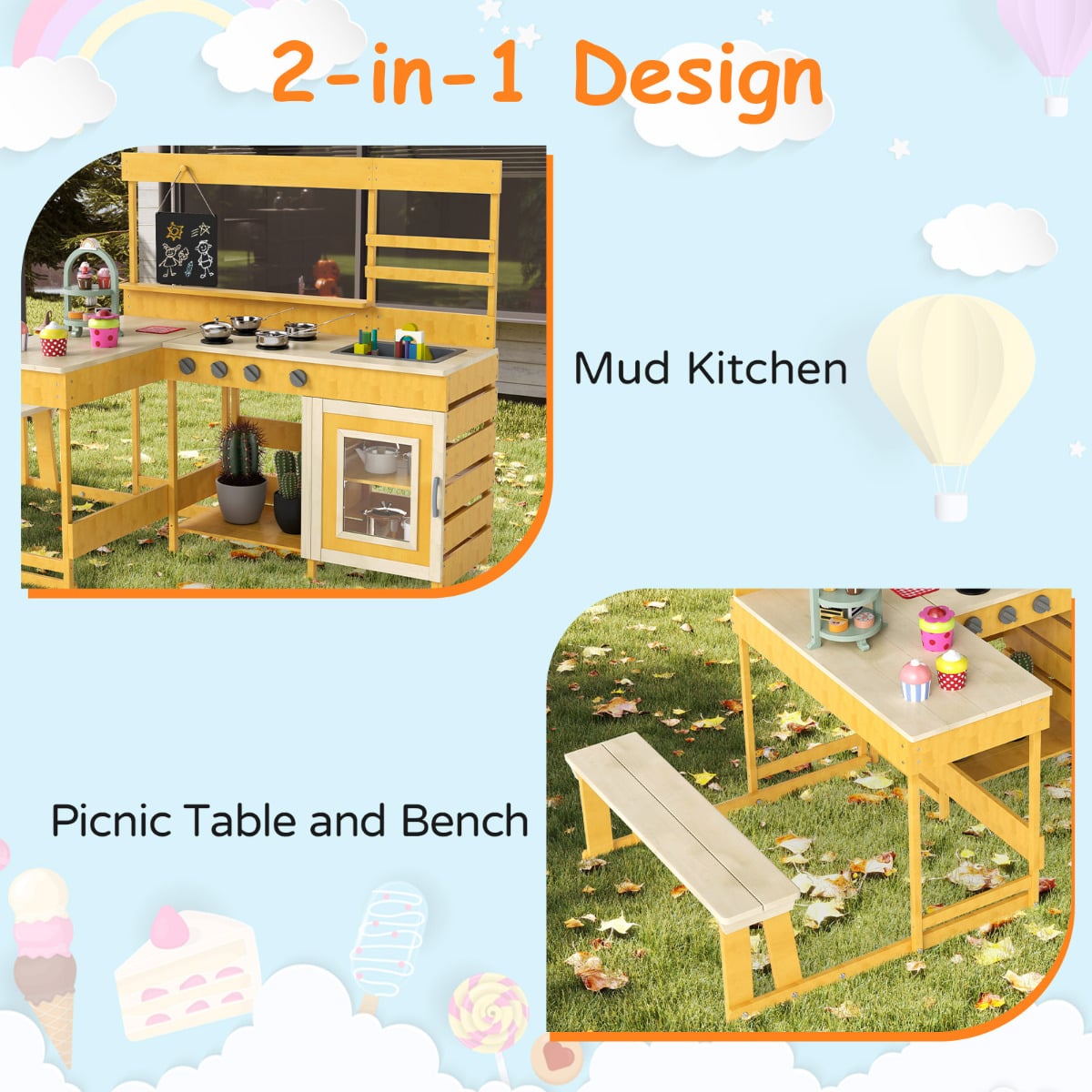 Fir Wood Mud Kitchen with Kids Picnic Table Play Kitchen-Natural