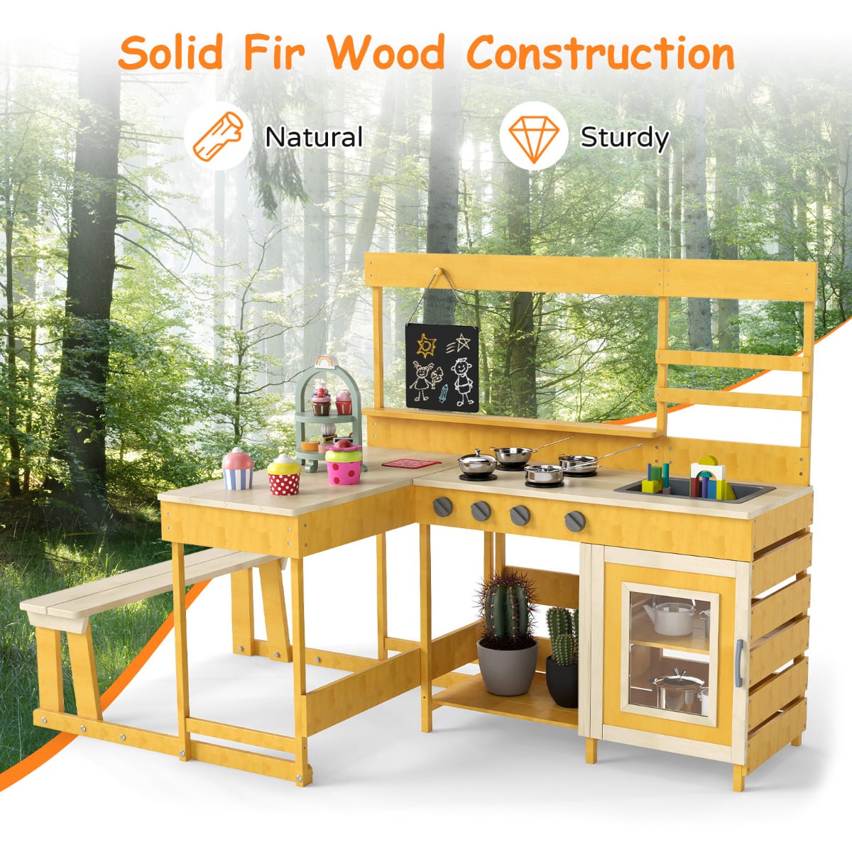 Fir Wood Mud Kitchen with Kids Picnic Table Play Kitchen-Natural