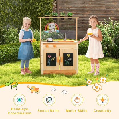 Fir Wood Play Kitchen with Planting Pots and Removable Sink for Backyard Garden-Natural