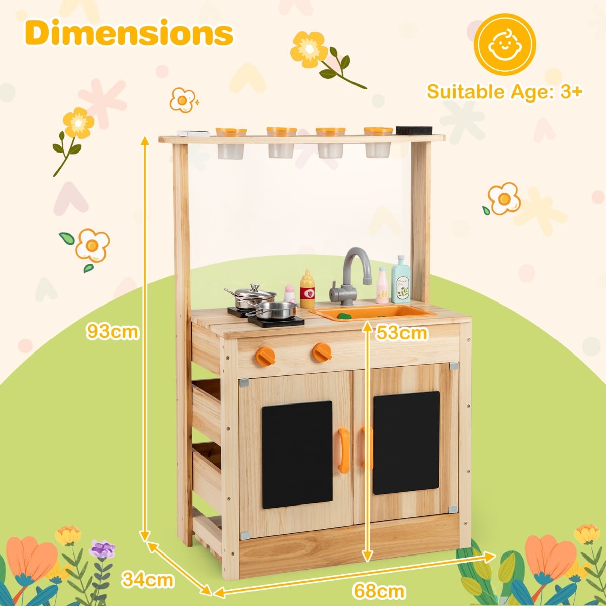 Fir Wood Play Kitchen with Planting Pots and Removable Sink for Backyard Garden-Natural