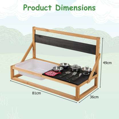 Fir Wood Pretend Play Kitchen with Hanging Hooks and Blackboard-Natural