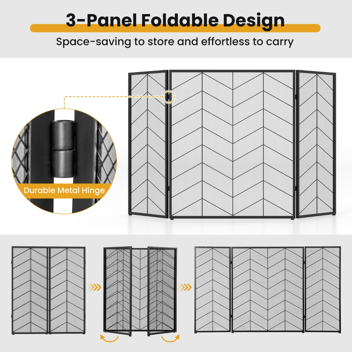 3-Panel Folding Spark Guard with Chevron Herringbone Pattern