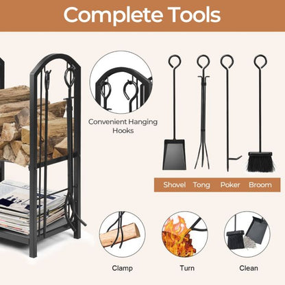 Fireplace Log Rack with 4 Tools Set Fireside Firewood Holder