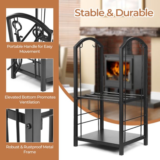 Fireplace Log Rack with 4 Tools Set Fireside Firewood Holder
