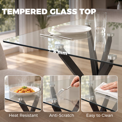 HOMCOM Rectangular Dining Table for 6 People, 120cm Modern Kitchen Table with Tempered Glass Top and Cross Steel Legs, Clear