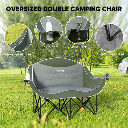 Outsunny Double Camping Chair for Adults with Armrests, Heavy Duty Oversized Padded Folding Chair with Carry Bag, Cup Holders for Outdoor Hiking Picnic Camping Fishing, 250kg Capacity, Green