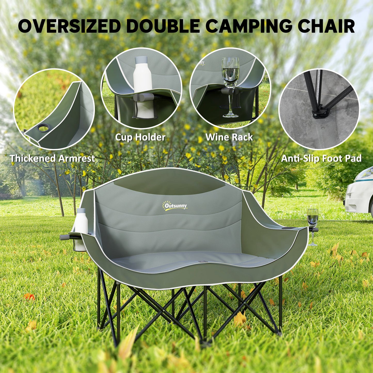 Outsunny Double Camping Chair for Adults with Armrests, Heavy Duty Oversized Padded Folding Chair with Carry Bag, Cup Holders for Outdoor Hiking Picnic Camping Fishing, 250kg Capacity, Green
