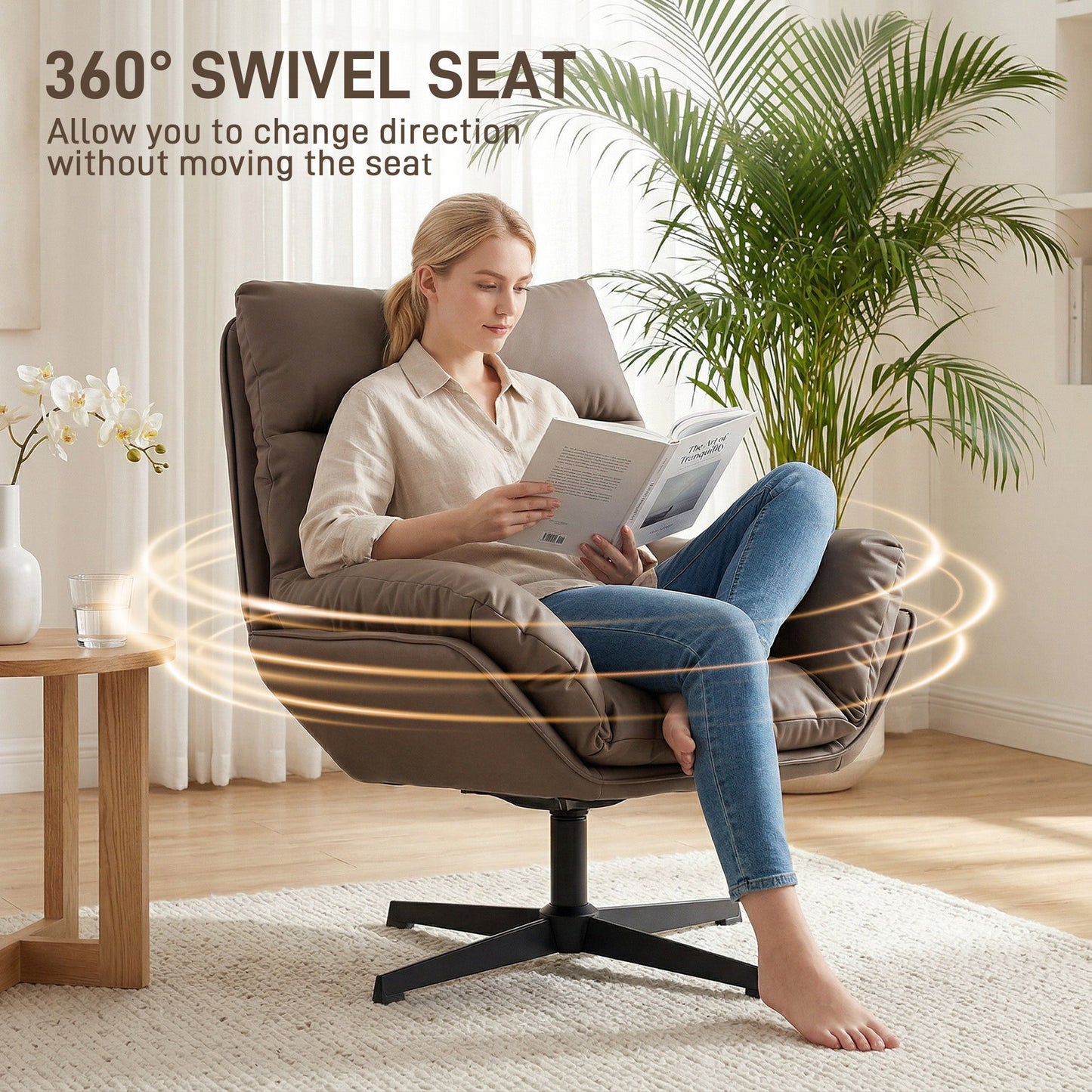 HOMCOM Accent Chair with 360 Swivel Armchair for Living Room with Padded Cushion Dark Brown