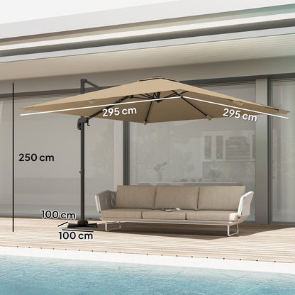 Outsunny 3 x 3 m Cantilever Parasol, Square Patio Umbrella with Crank Handle, Cross Base, Tilt, 360 degrees Rotation, Khaki