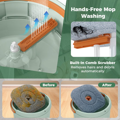 Flat Floor Mop and Bucket System with Washable Microfiber Pads-Green