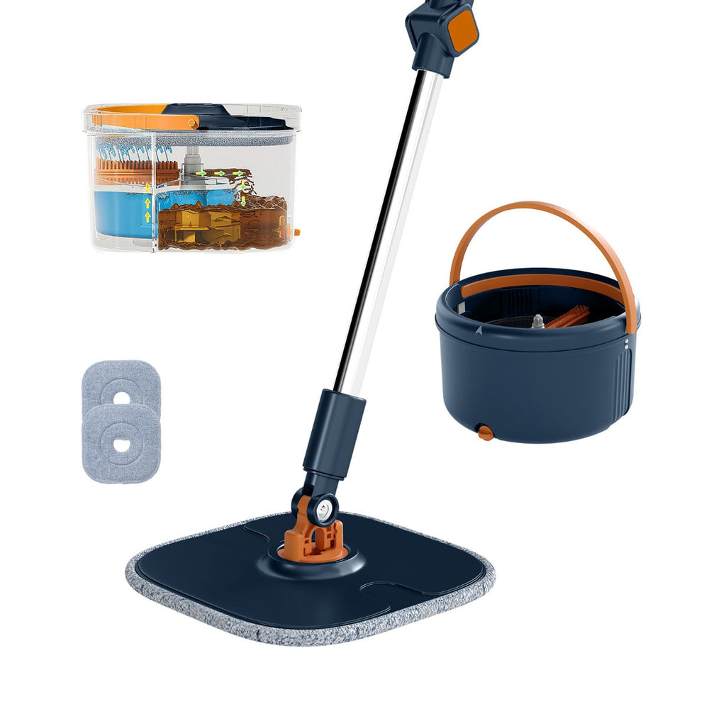 Flat Floor Mop and Bucket System with Washable Microfiber Pads-Navy