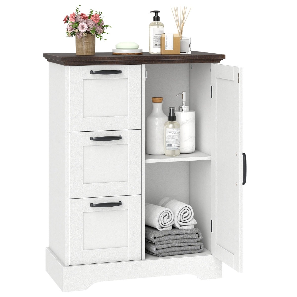 Floor Cabinet with Barn Door and 3 Storage Drawers-White