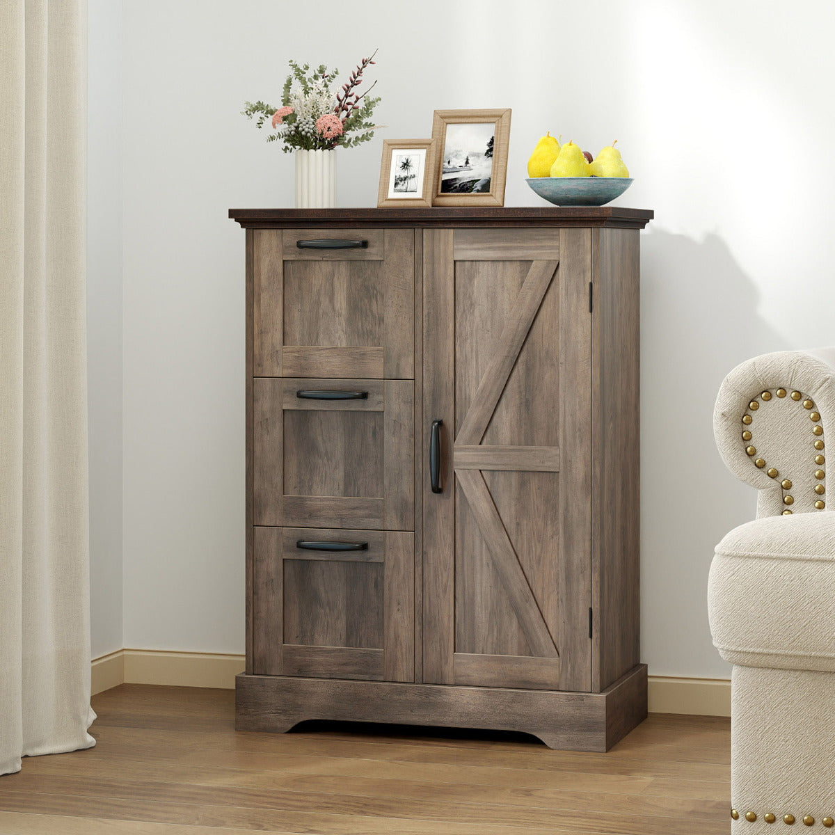 Floor Cabinet with Barn Door and 3 Storage Drawers-Rustic Oak