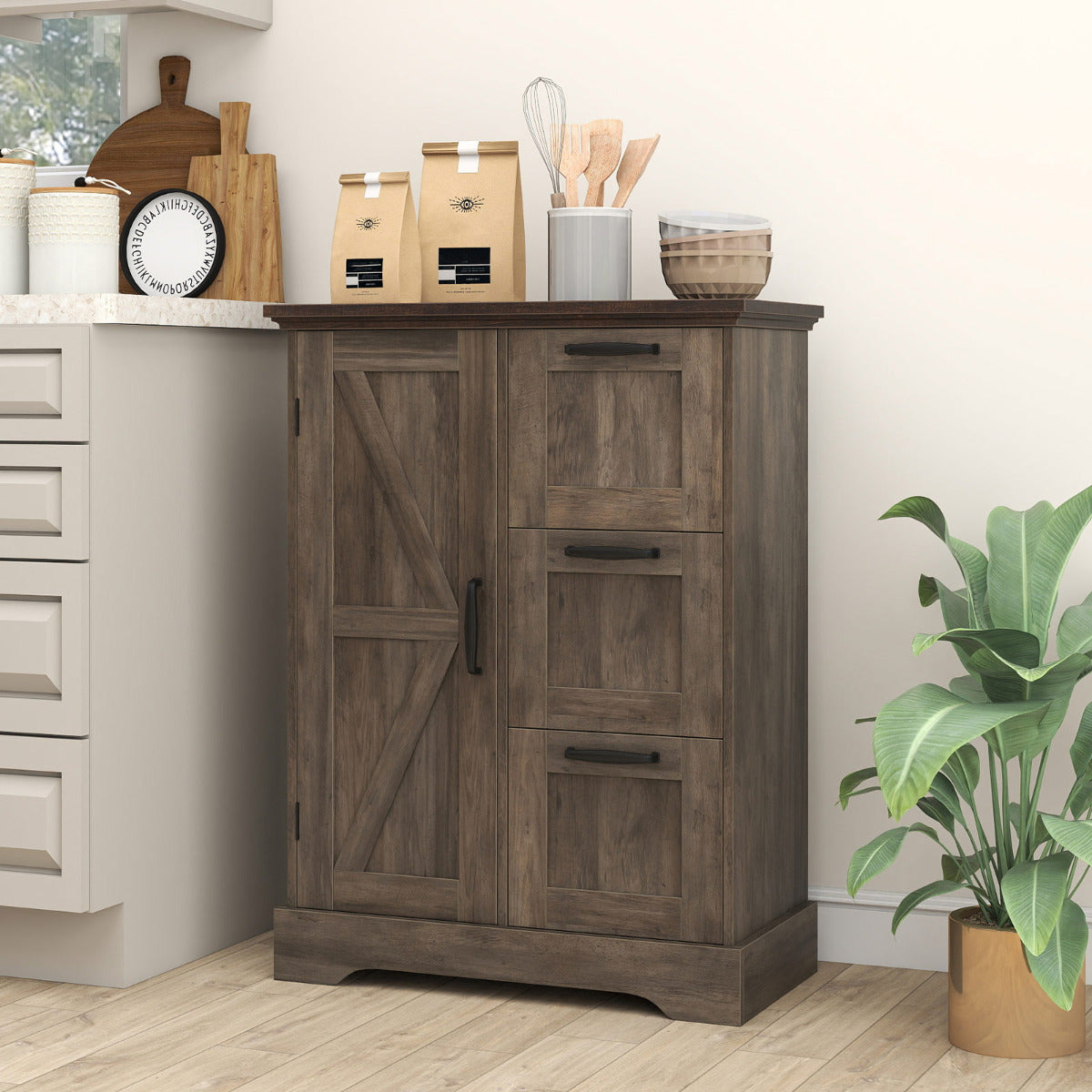 Floor Cabinet with Barn Door and 3 Storage Drawers-Rustic Oak