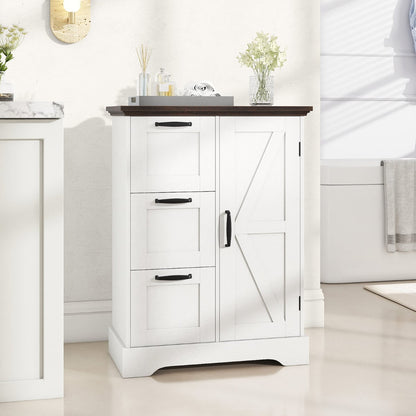 Floor Cabinet with Barn Door and 3 Storage Drawers-White