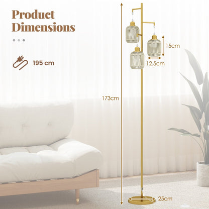 3-Light Floor Lamp with 3 Boho Paper Woven Lampshades and Weighted Base-Golden