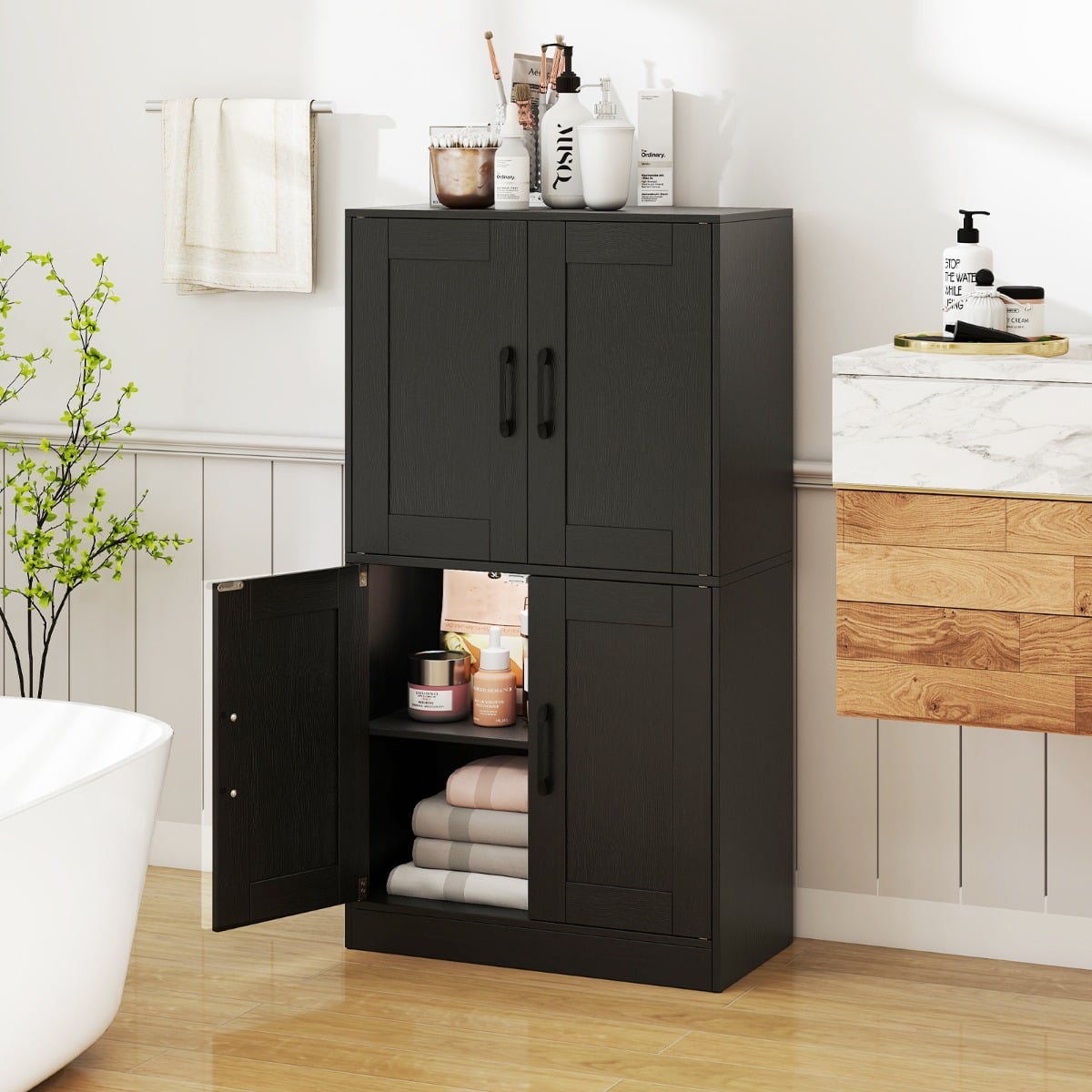 Floor Storage Cabinet with Doors and Adjustable Shelves-Black