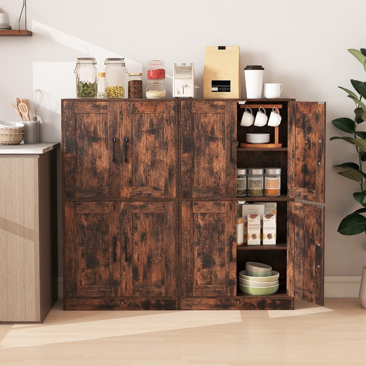 Floor Storage Cabinet with Doors and Adjustable Shelves-Rustic Brown