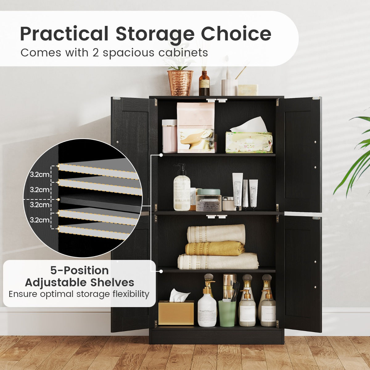 Floor Storage Cabinet with Doors and Adjustable Shelves-Black