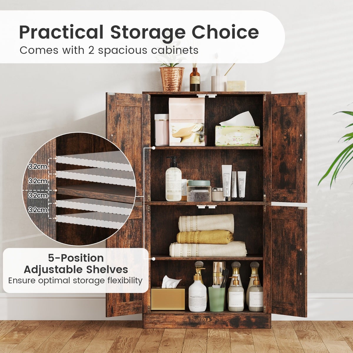 Floor Storage Cabinet with Doors and Adjustable Shelves-Rustic Brown