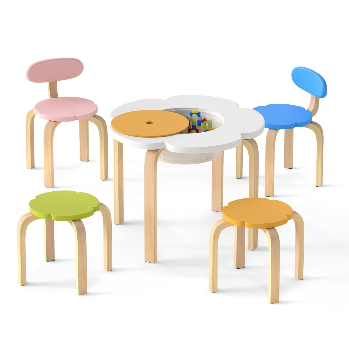 Flower-shaped Children Table Set with 2 Colorful Chairs and Stools-Multicolor