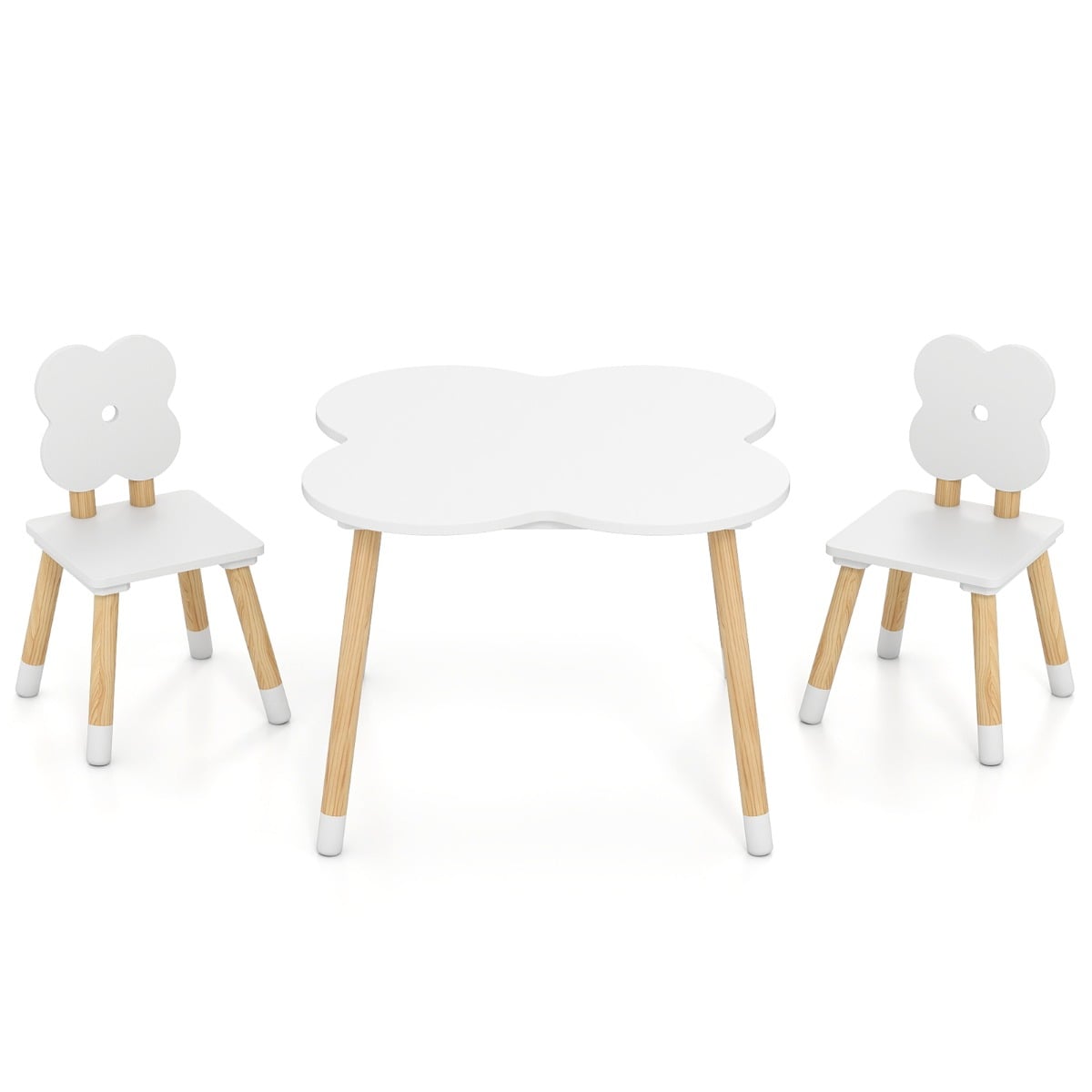 Flower-shaped Kids Table Set with 2 Child-sized Chairs and Wood Legs-White
