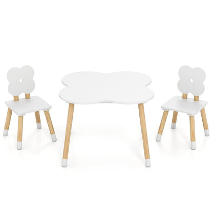 Flower-shaped Kids Table Set with 2 Child-sized Chairs and Wood Legs-White