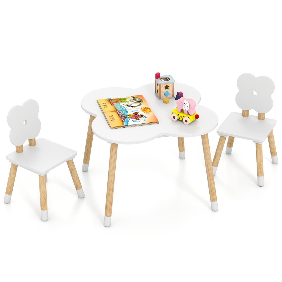 Flower-shaped Kids Table Set with 2 Child-sized Chairs and Wood Legs-White