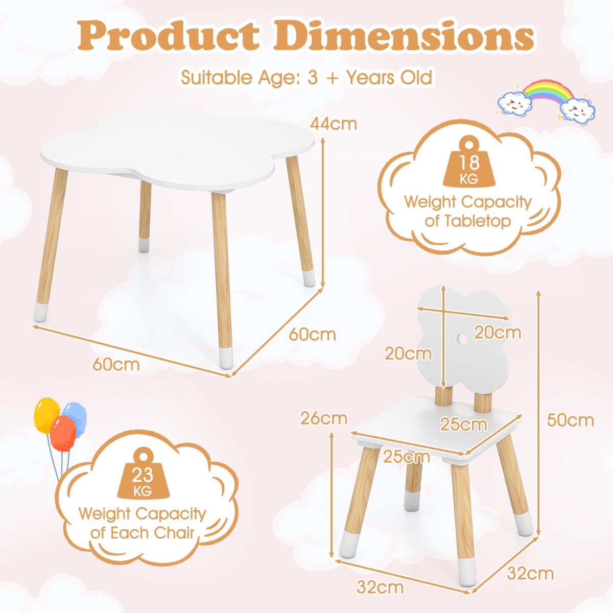 Flower-shaped Kids Table Set with 2 Child-sized Chairs and Wood Legs-White