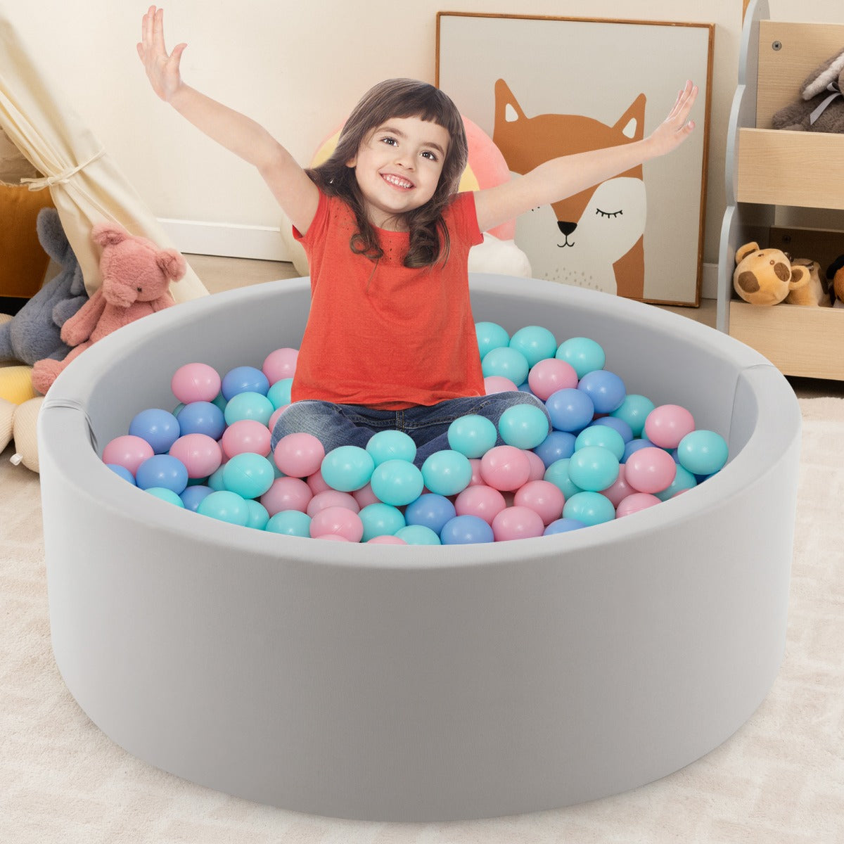 90 x 30cm Soft Round Ball Pool for Toddlers &amp; Baby with 200 Ocean Balls and Storage Bag-Pink