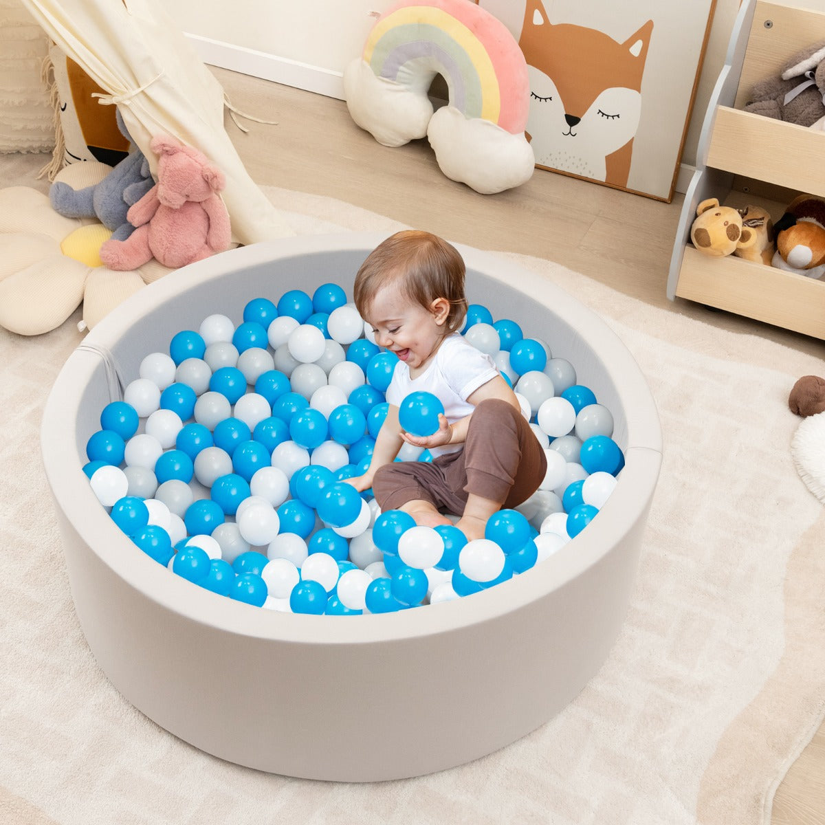 90 x 30cm Soft Round Ball Pool for Toddlers &amp; Baby with 200 Ocean Balls and Storage Bag-White