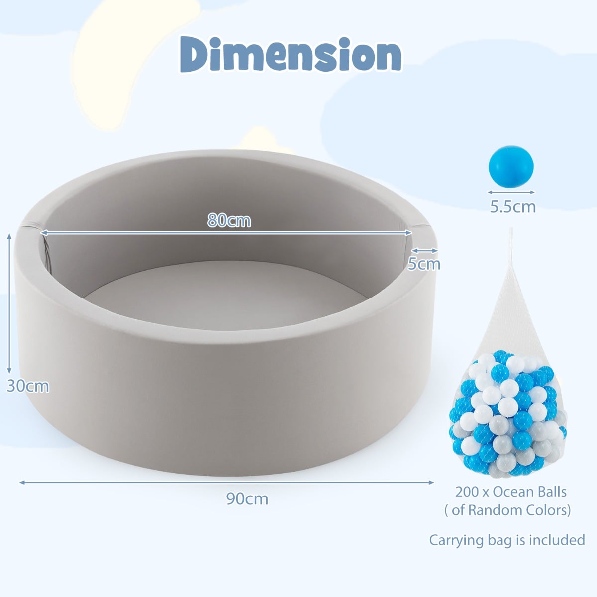 90 x 30cm Soft Round Ball Pool for Toddlers &amp; Baby with 200 Ocean Balls and Storage Bag-White