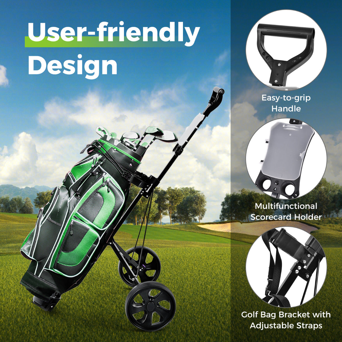 Foldable 2 Wheels Foldable Golf Cart with Scoreboard-Black