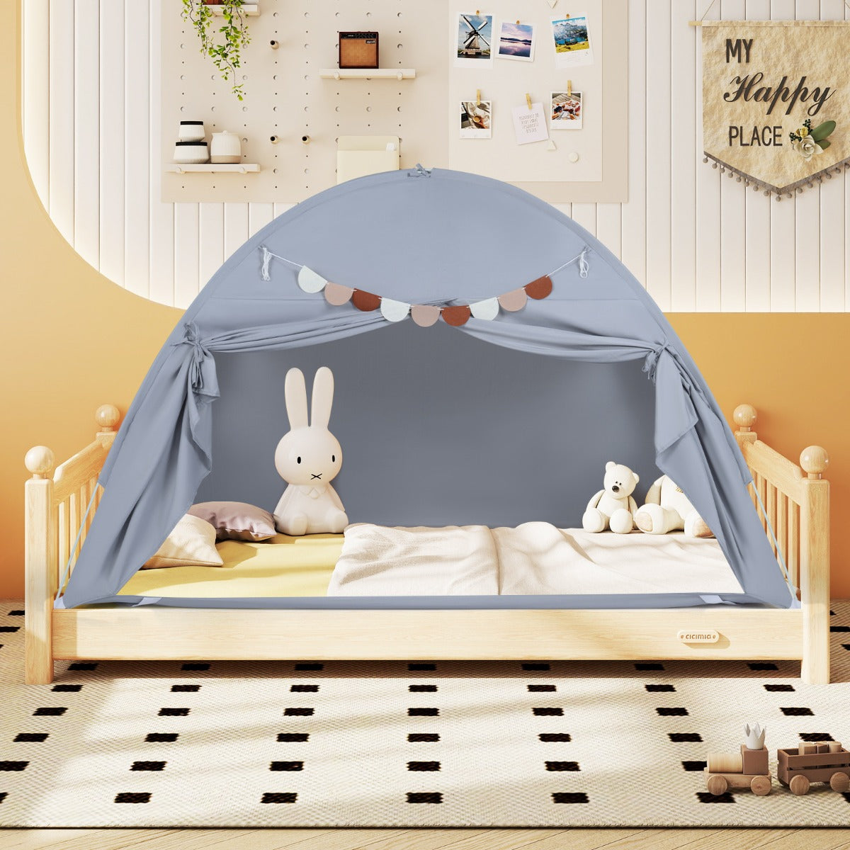 Foldable and Portable Canopy Tent on Twin Bunk Bed with 2 Windows-Grey