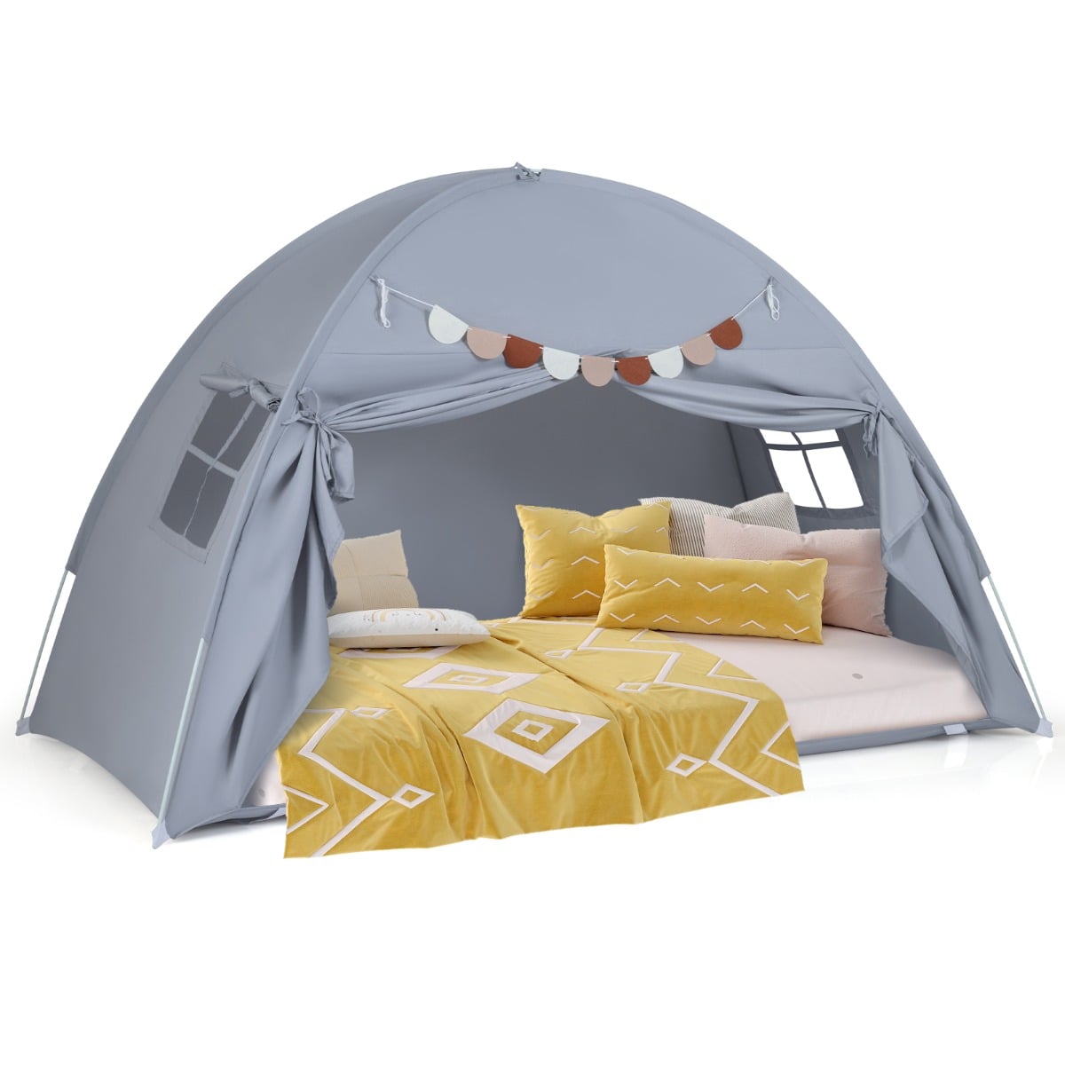 Foldable and Portable Canopy Tent on Twin Bunk Bed with 2 Windows-Grey