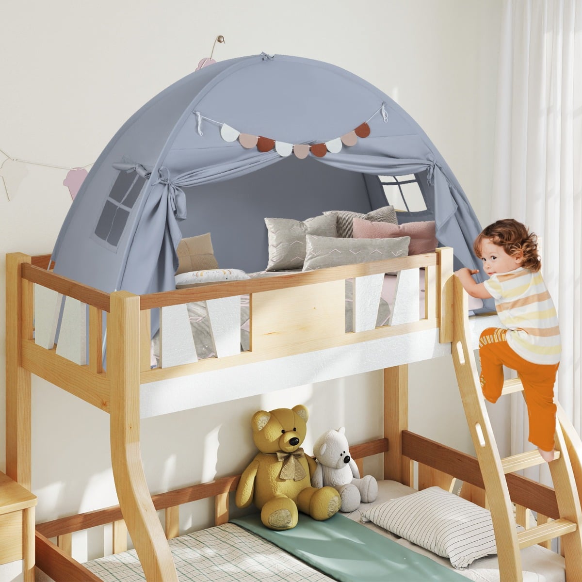 Foldable and Portable Canopy Tent on Twin Bunk Bed with 2 Windows-Grey