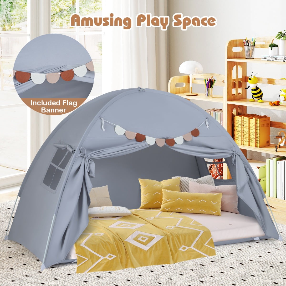 Foldable and Portable Canopy Tent on Twin Bunk Bed with 2 Windows-Grey