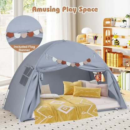 Foldable and Portable Canopy Tent on Twin Bunk Bed with 2 Windows-Grey