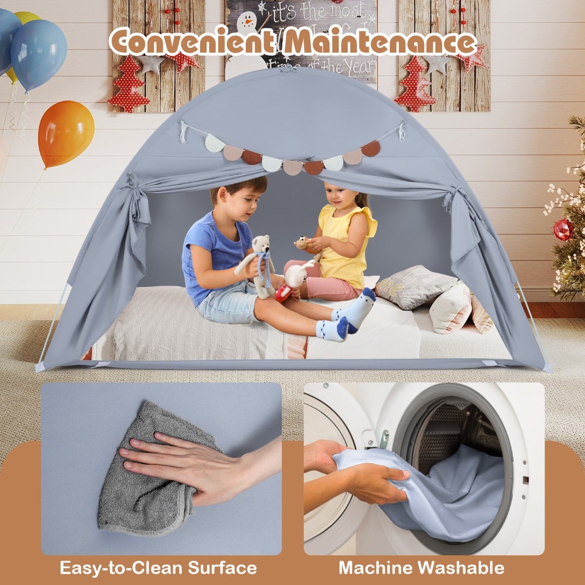 Foldable and Portable Canopy Tent on Twin Bunk Bed with 2 Windows-Grey