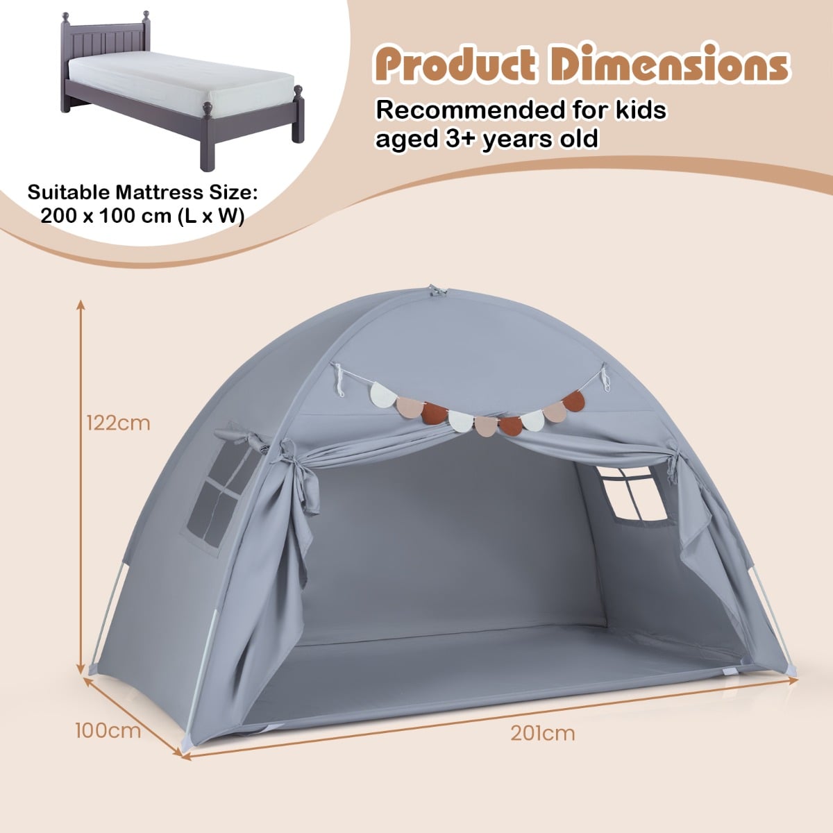 Foldable and Portable Canopy Tent on Twin Bunk Bed with 2 Windows-Grey